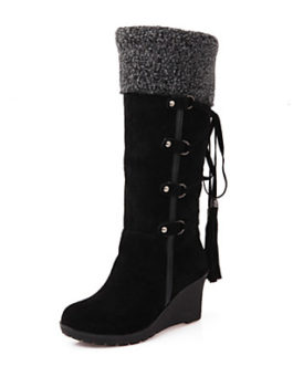 Women's Shoes Polyurethane Fall Winter Comfort Novelty Fashion Boots Wedge Heel Round Toe Mid-Calf BLACK